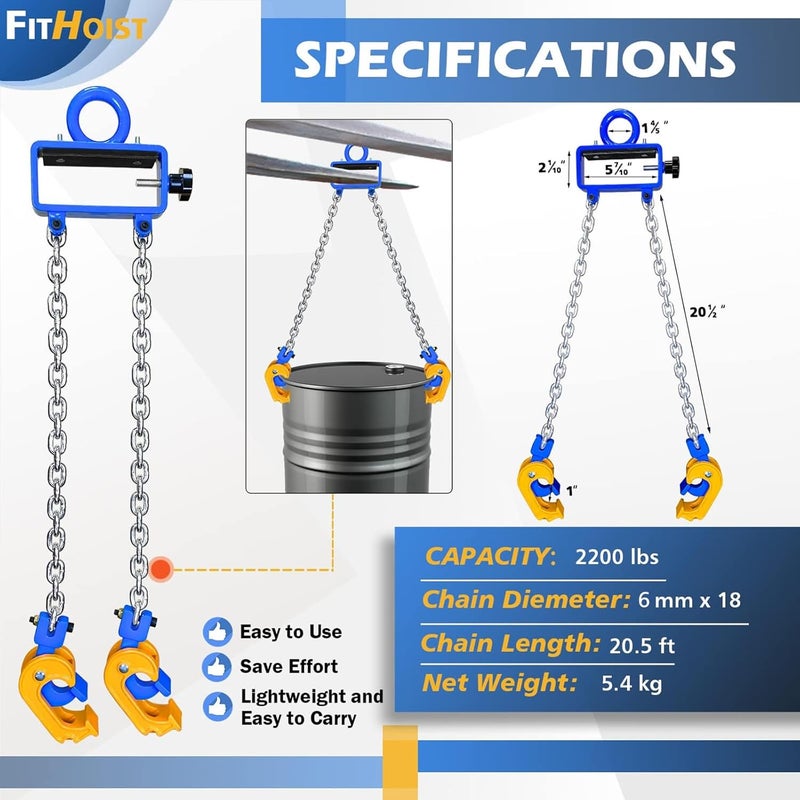 FITHOIST Updated Chain Drum Lifter | 2200 lbs Vertical Drum Lifter Chain Sling with Self-Lock Hook | Drum Handling Equipment 1 ton Capacity | Fit for metal Strap and plastic lid Drums - Image 3